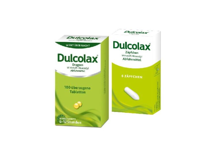 Packungen von Dulcolax Dragees und Dulcolax Zäpfchen, beides Abführmittel mit Bisacodyl.