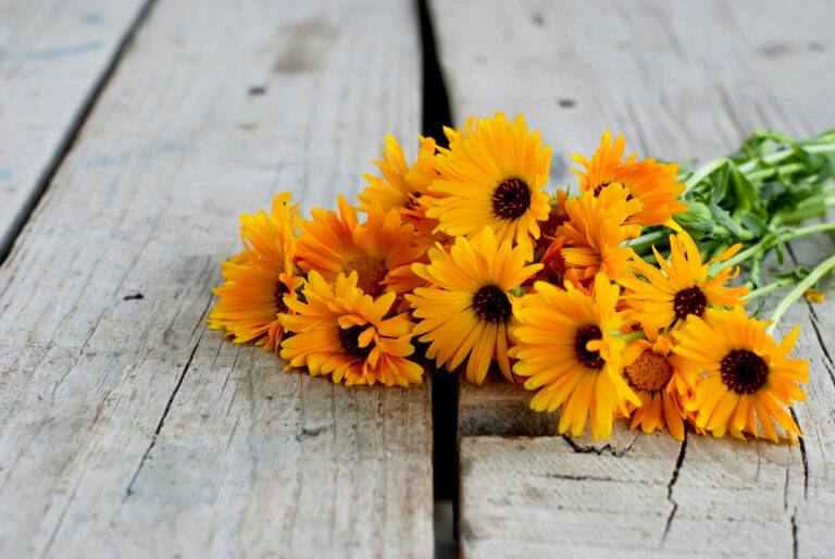 Ein Bund leuchtend orangefarbener Blumen liegt auf einem rustikalen Holztisch.