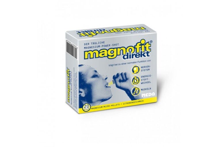 Packung mit Magnesium-Mikropellets in Zitronengeschmack, mit Informationen zu Nerven-, Energie- und Muskel-Funktionen.