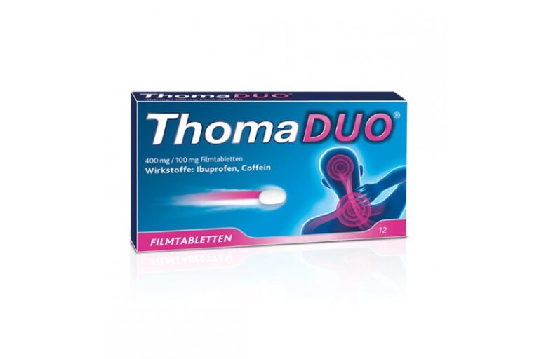Packung ThomaDUO Filmtabletten mit Ibuprofen und Coffein, blau mit pinken Akzenten und Silhouetten von Schmerzen.