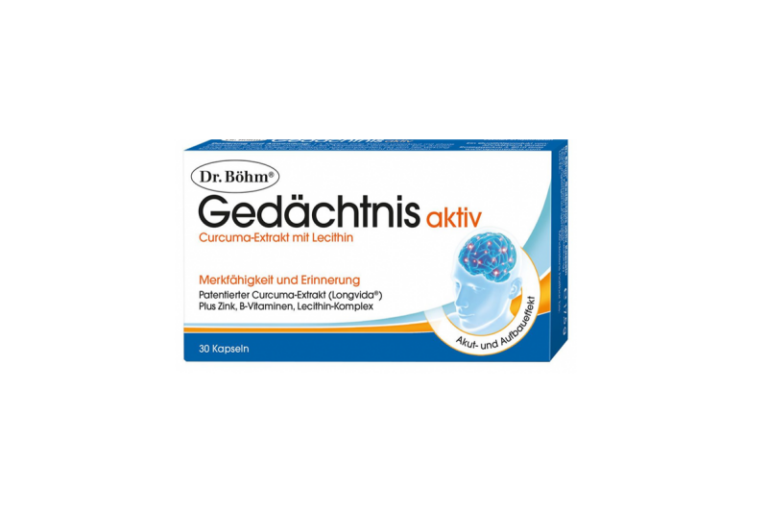 Packung mit Dr. Böhm Gedächtnis aktiv, enthält Curcuma-Extrakt und Lecithin zur Unterstützung von Merkfähigkeit und Erinnerung.