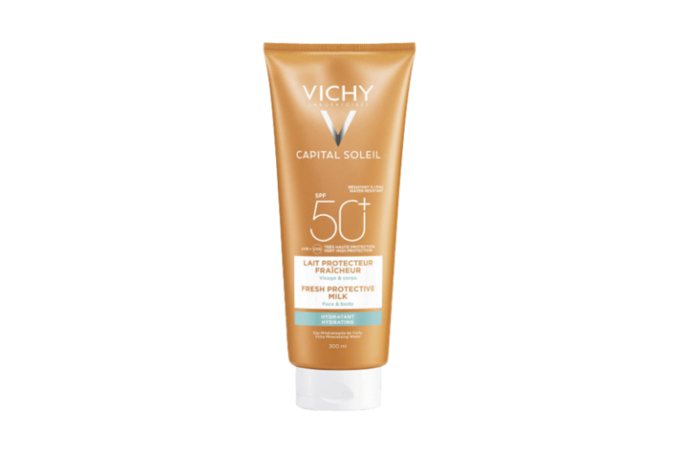 Sonnenschutzmilch von Vichy in einer orangefarbenen Tube mit Schutzfaktor 50 und feuchtigkeitsspendenden Eigenschaften.